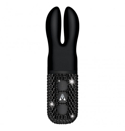 Чёрный вибратор с ушками The Pocket Rabbit, украшенный кристаллами