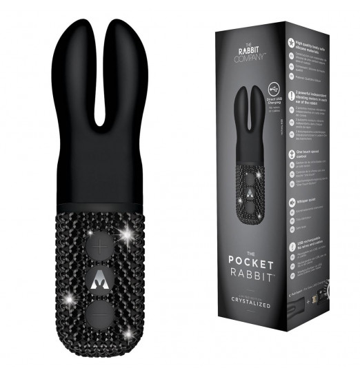 Чёрный вибратор с ушками The Pocket Rabbit, украшенный кристаллами