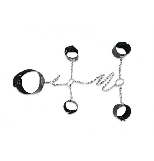 Набор для фиксации: наручники, оковы и ошейник, соединённые цепями и кольцами