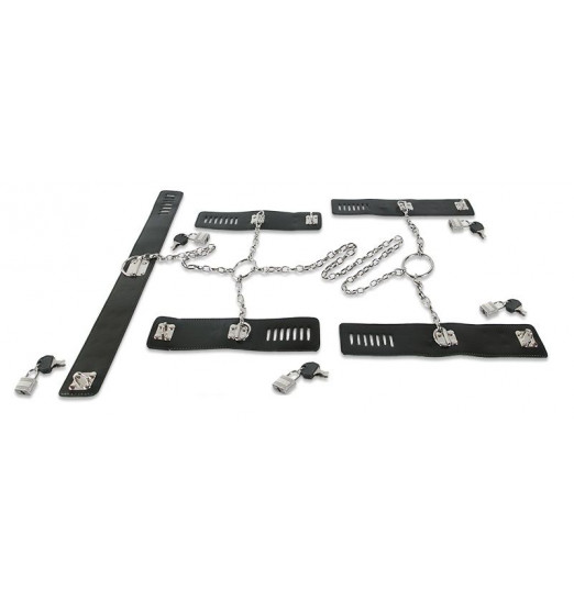 Набор для фиксации: наручники, оковы и ошейник, соединённые цепями и кольцами
