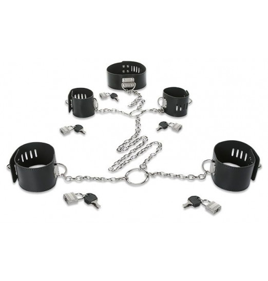 Набор для фиксации: наручники, оковы и ошейник, соединённые цепями и кольцами