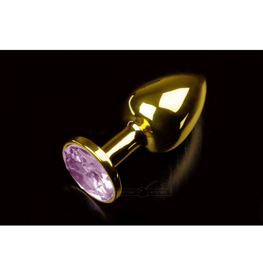 Маленькая золотистая анальная пробка с круглым кончиком и розовым кристаллом - 7 см.