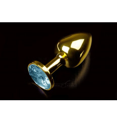 Маленькая золотистая анальная пробка с круглым кончиком и голубым кристаллом - 7 см.