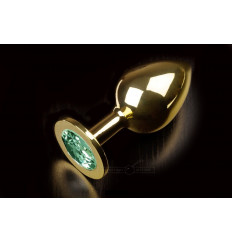 Большая золотая анальная пробка с закругленным кончиком и изумрудным кристаллом - 9 см.
