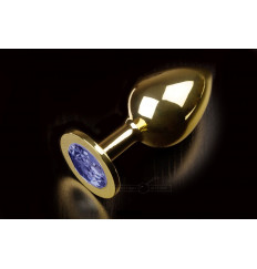 Большая золотая анальная пробка с закругленным кончиком и синим кристаллом - 9 см.