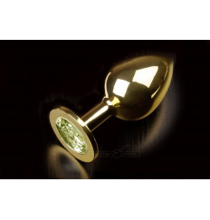 Большая золотая анальная пробка с закругленным кончиком и жёлтым кристаллом - 9 см.