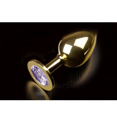 Большая золотая анальная пробка с закругленным кончиком и сиреневым кристаллом - 9 см.