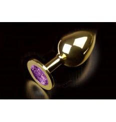 Большая золотая анальная пробка с закругленным кончиком и фиолетовым кристаллом - 9 см.