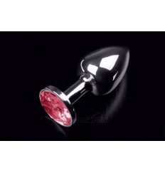 Маленькая серебристая анальная пробка с круглым кончиком и рубиновым кристаллом - 7 см.