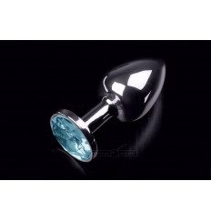 Маленькая серебристая анальная пробка с круглым кончиком и голубым кристаллом - 7 см.