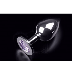 Большая серебристая анальная пробка с круглым кончиком и ярким сиреневым кристаллом - 9 см.