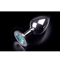 Большая серебристая анальная пробка с круглым кончиком и ярким голубым кристаллом - 9 см.