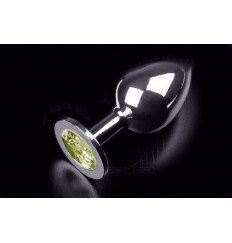 Большая серебристая анальная пробка с круглым кончиком и жёлтым кристаллом - 9 см.