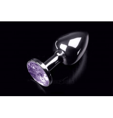 Маленькая серебристая анальная пробка с круглым кончиком и сиреневым кристаллом - 7 см.