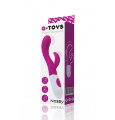 Ярко-розовый вибратор Nessy с клиторальным стимулятором - 20 см.
