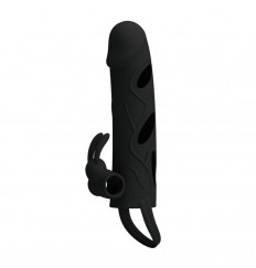 Чёрная насадка с клиторальным вибростимулятором и закрытой головкой - 14 см.