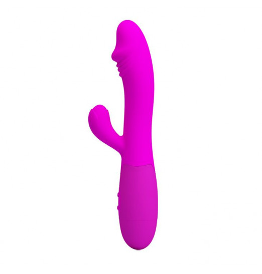 Лиловый перезаряжаемый вибратор Snappy с клиторальным отростком - 19,5 см.