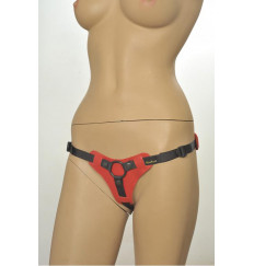 Красно-чёрные трусики для фиксации насадок кольцом Kanikule Leather Strap-on Harness  Anatomic Thong