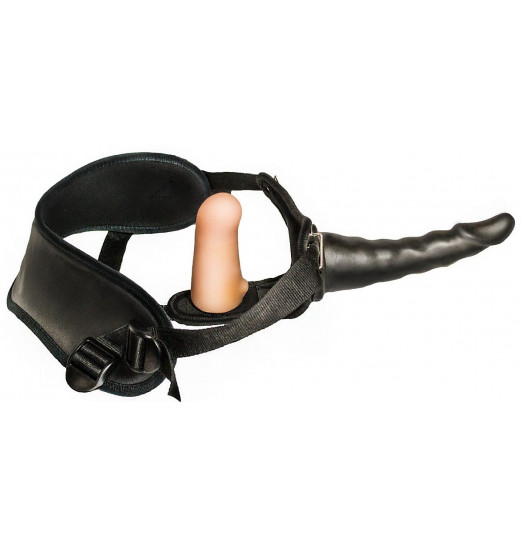 Женский страпон с чёрной насадкой и вагинальной пробкой - 17,5 см.