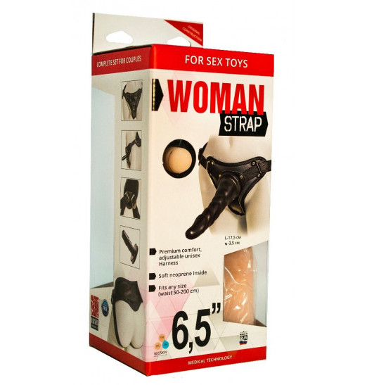 Женский страпон с чёрной насадкой и вагинальной пробкой - 17,5 см.