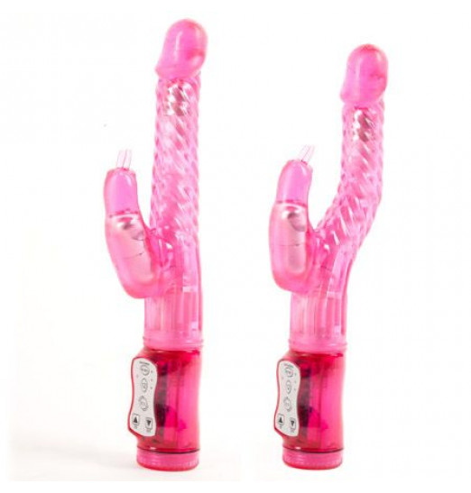 Розовый гнущийся вибратор с клиторальной стимуляцией - 24,5 см.