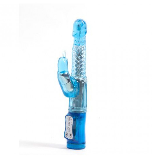 Голубой вибратор с двумя моторами и двухсторонней ротацией - 24,5 см.