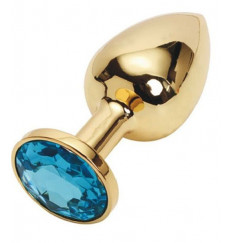 Золотистая металлическая анальная пробка с голубым стразом - 9,5 см.