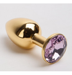 Золотистая металлическая анальная пробка с розовым стразом - 9,5 см.