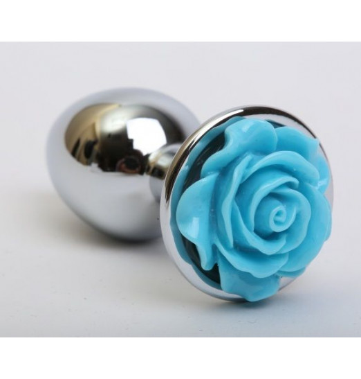 Серебристая анальная пробка с голубой розочкой - 7,6 см. Серебристая анальная пробка с голубой розочкой - 7,6 см.