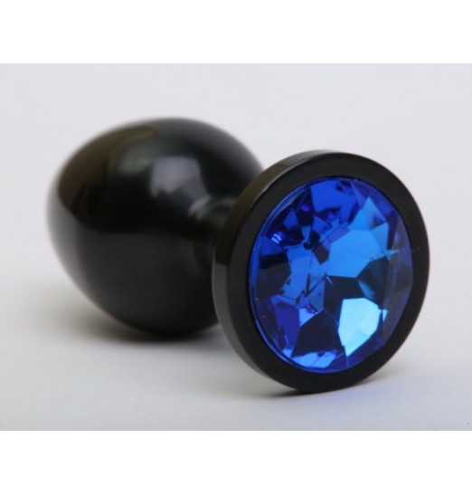 Чёрная анальная пробка с синим стразом - 8,2 см.