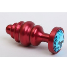 Красная ребристая анальная пробка с голубым стразом - 7,3 см.