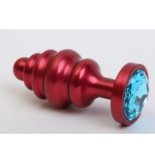 Красная ребристая анальная пробка с голубым стразом - 7,3 см.