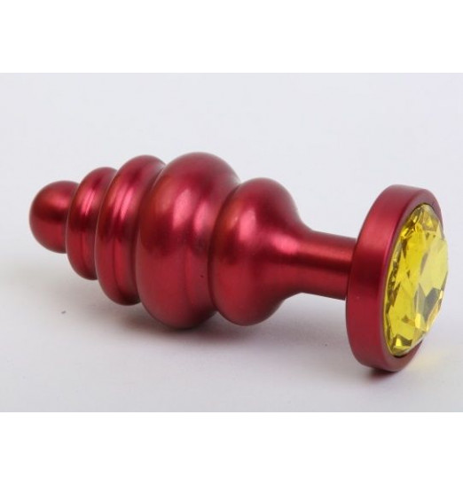 Красная ребристая анальная пробка с жёлтым стразом - 7,3 см.