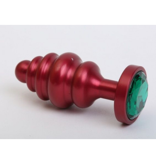 Красная ребристая анальная пробка с зеленым стразом - 7,3 см.