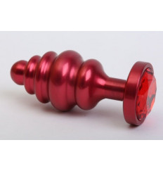 Красная ребристая анальная пробка с красным стразом - 7,3 см.