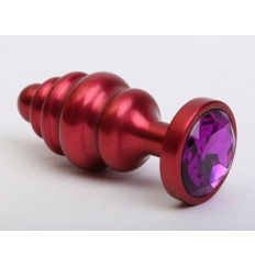 Красная ребристая анальная пробка с фиолетовым стразом - 7,3 см.