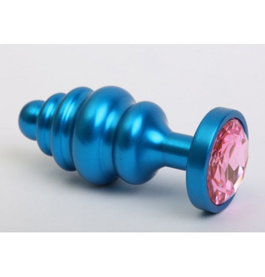 Синяя ребристая анальная пробка с розовым кристаллом - 7,3 см. Синяя ребристая анальная пробка с розовым кристаллом - 7,3 см.
