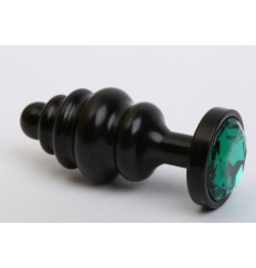 Чёрная ребристая анальная пробка с зеленым кристаллом - 7,3 см.