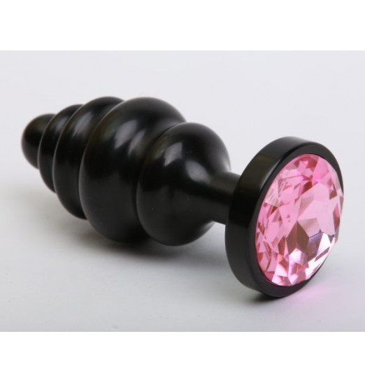 Чёрная ребристая анальная пробка с розовым кристаллом - 7,3 см.
