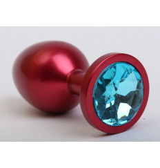 Красная анальная пробка с голубым стразом - 8,2 см.