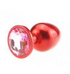 Красная анальная пробка с розовым стразом - 8,2 см.