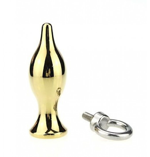 Золотистая металлическая анальная пробка с кольцом - 7 см.