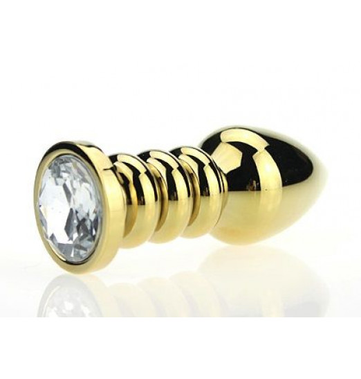 Золотистая фигурная анальная пробка с прозрачным стразом - 10,3 см.