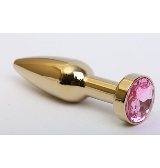Золотистая анальная пробка с розовым кристаллом - 11,2 см.
