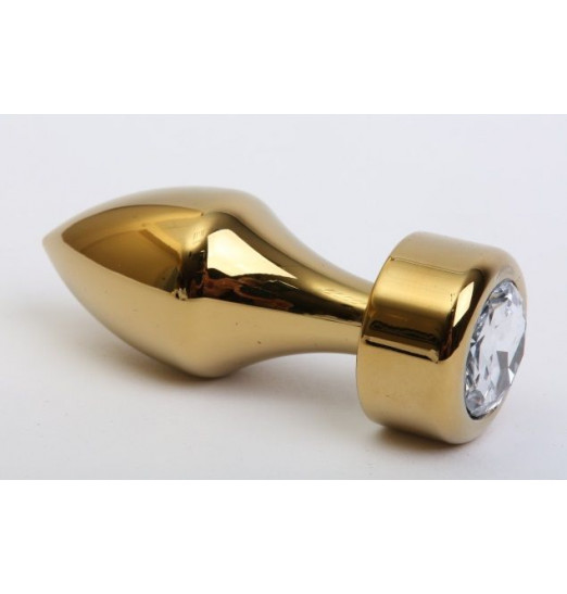 Золотистая анальная пробка с широким основанием и прозрачным кристаллом - 7,8 см.