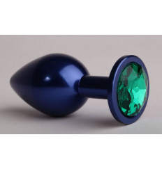 Синяя анальная пробка с зелёным стразом - 7,6 см.