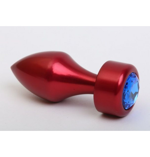 Красная анальная пробка с широким основанием и синим кристаллом - 7,8 см.