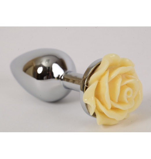 Серебристая анальная пробка с жёлтой розой - 8 см. Серебристая анальная пробка с жёлтой розой - 8 см.