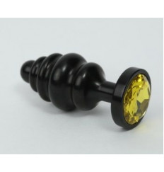 Чёрная ребристая анальная пробка с жёлтым кристаллом - 7,3 см.
