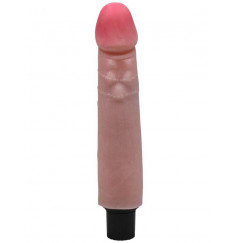 Телесный вибратор с бороздками и шишечками на стволе - 23 см.